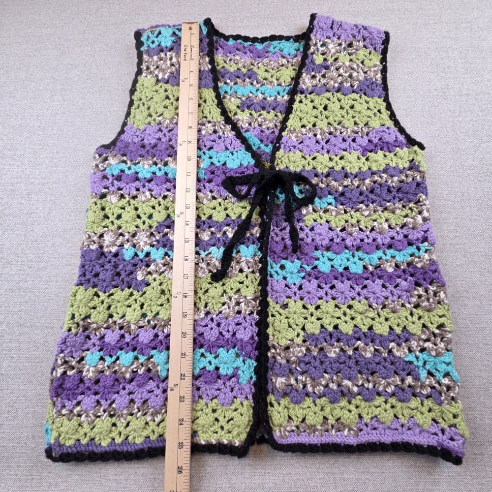 Vintage Handmade Crochet Vest Purple/Green Striped Boho Hippie Grannycore L/XL - Picture 7 of 7